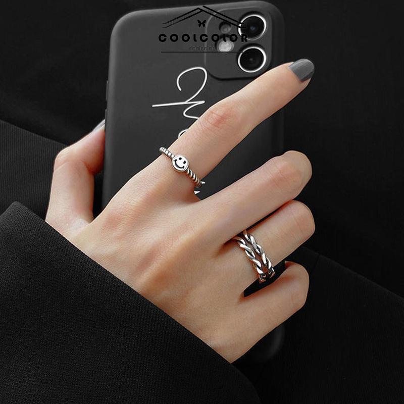 COD❤️2 PCS/SET Retro Smiley Cincin Wanita Fashion Kepribadian Pembukaan Cincin Dapat Disesuaikan- cl