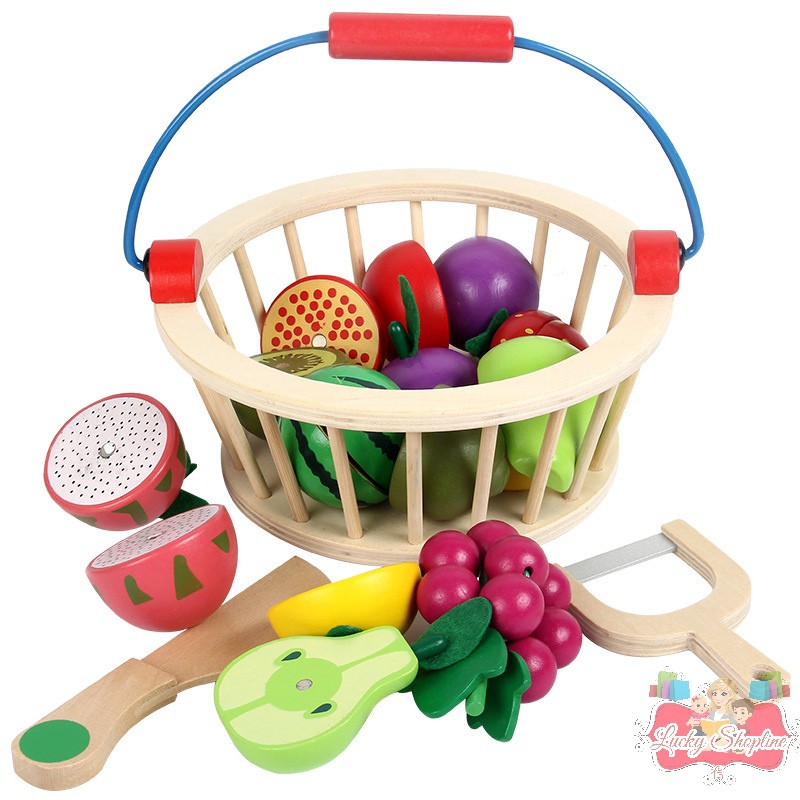 [BIG SALE] WOODEN FRUIT AND VEGGIES BASKET (12PC) PRETEND PLAY - mainan buah sayur potong