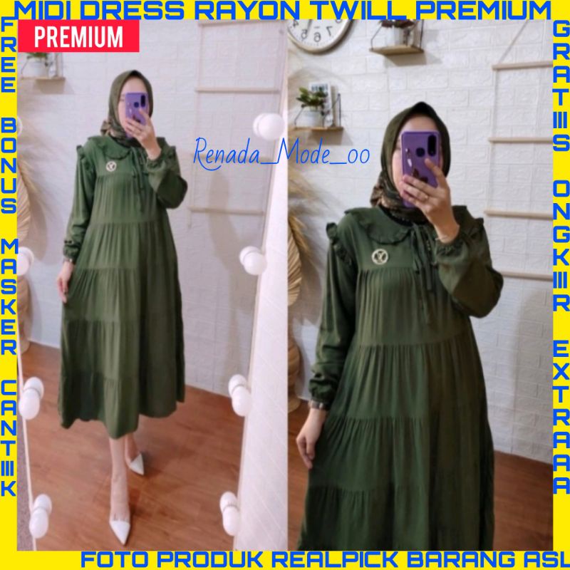 Premium Midi Dress  Bahan Rayon Twill Premium-Midi Dress-Midi Dress Rayon Twill-Baju Tunik Midi Dres
