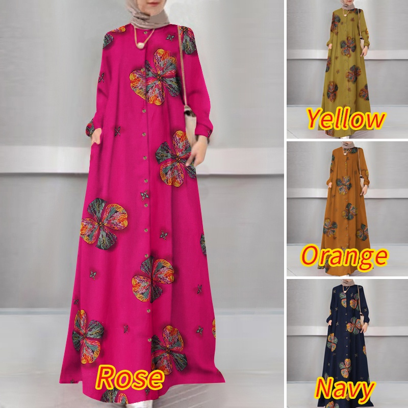 ZANZEA Women Printed Button Down Front Side Pockets Muslim Long Dress