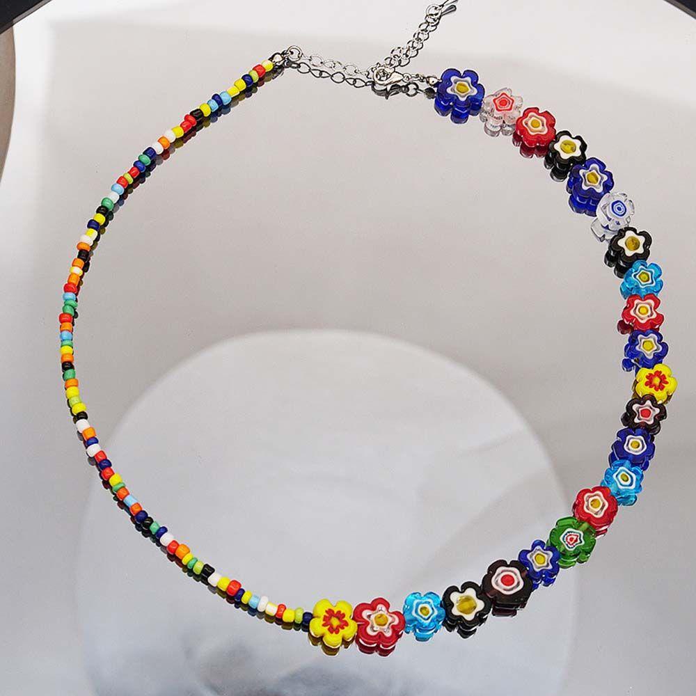 Mxbeauty Bohemian Kalung Gadis Vintage Kaca Rantai Klavikula Gaya Etnik Gaya Korea Kalung Musim Panas Manik-Manik Warna-Warni Kalung Manik Padi