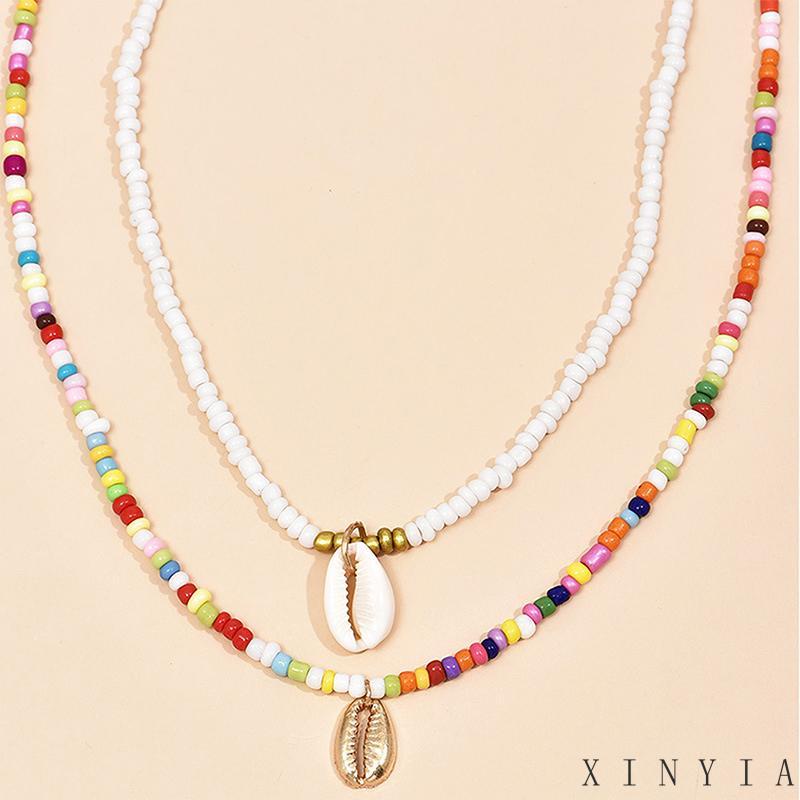 【COD】2pcs Kalung Liontin Bohemian Style Manik Kerang Warna-Warni Gaya Untuk Wanita