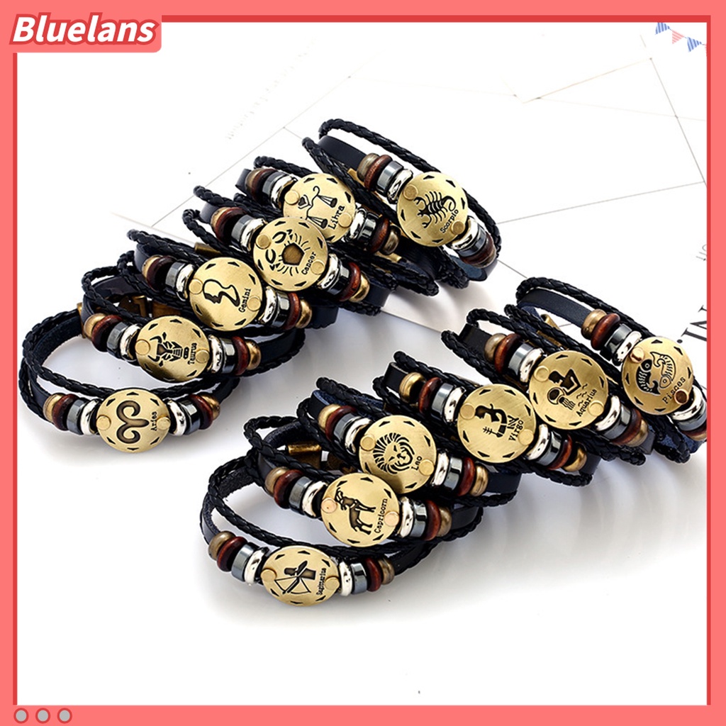 Gelang Tali Kepang Multilayer Bahan Kulit Imitasi Motif Rasi Bintang Untuk Pria