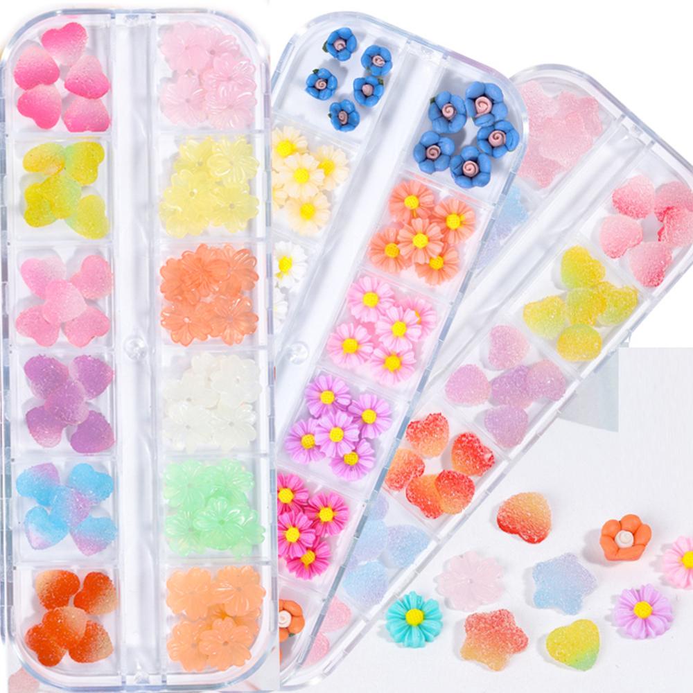 AUGUSTINA Agustin 3D Bunga Resin Mawar Warna-Warni Berbagai Berujung Lima Bintang Hati Kelopak daisy Kecil Gummy Candy Sunflower Nail Rhinestones