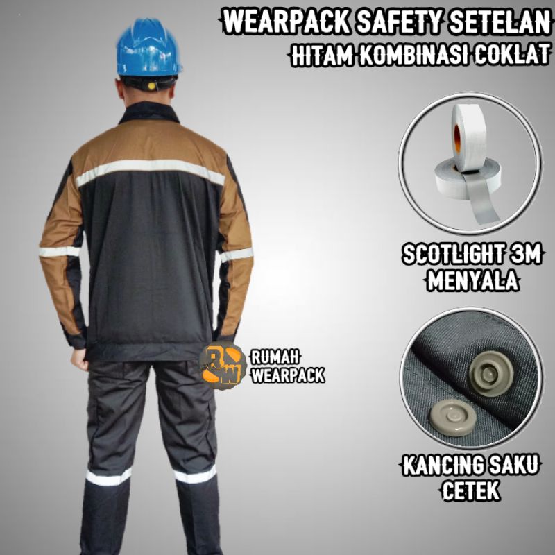 Setelan Wearpack Safety dan Celana Safety Warna Hitam Kombinasi Coklat Mocca