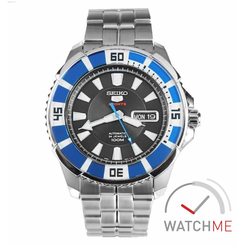 Jam Tangan Seiko 5 SRP203K1 Automatic Sport Black Dial Silver Blue 100m Stainless Steel Ori Garansi
