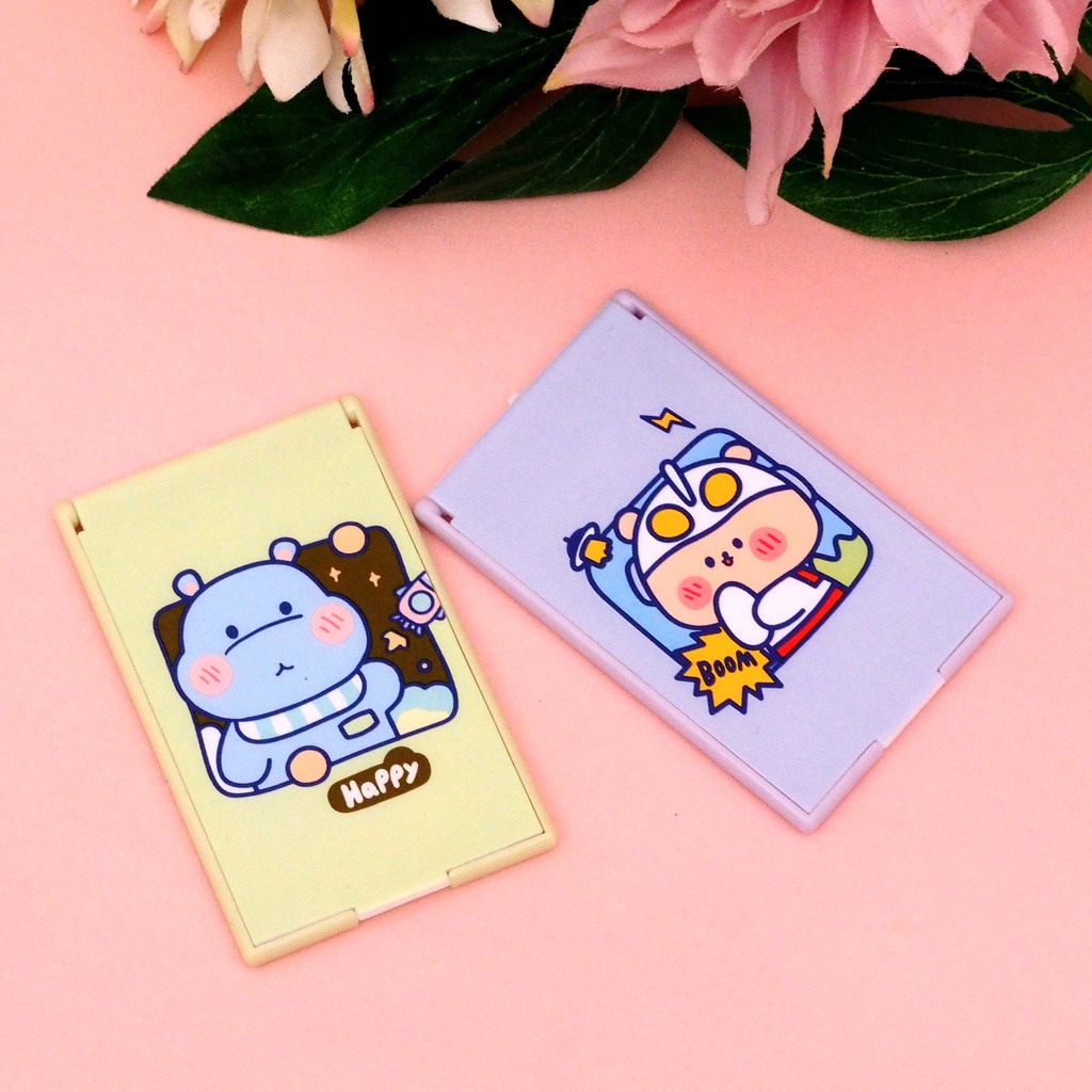 Cermin Lipat Kotak  Motif Animals Planet Cute Kaca Lipat Make Up Cermin Saku Portable Travel Persegi Panjang