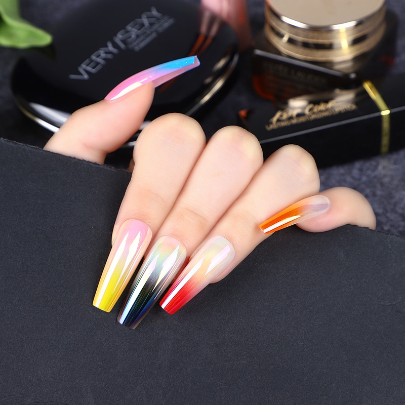 24pcs / Set Kuku Palsu Akrilik Warna Gradasi Pelangi Untuk Nail Art Diy