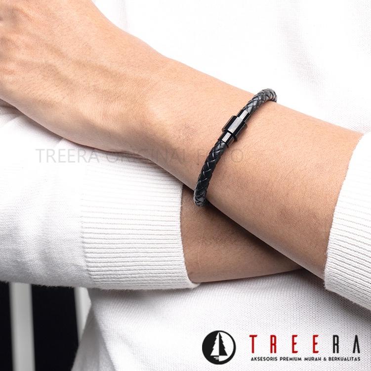 ✈ Treera - Gelang Kulit Pria Hitam Magnetic Lock Emas Hitam Original ☼