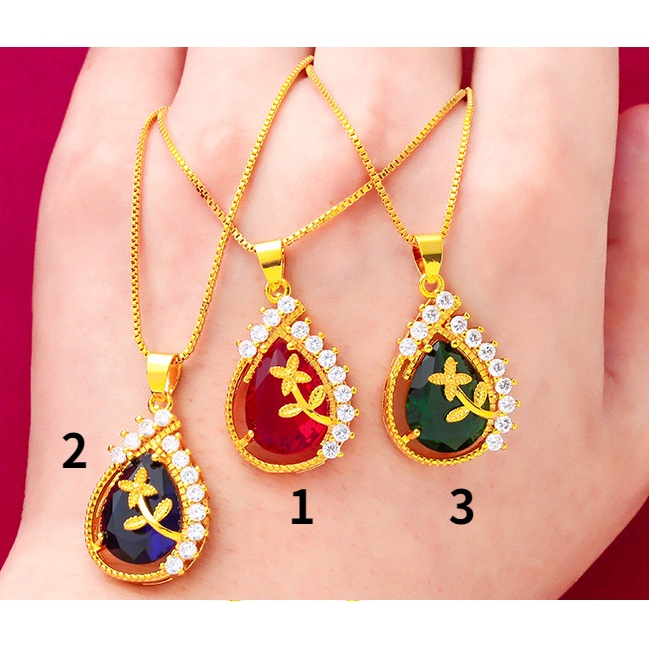 Set Perhiasan Liontin Bunga Drop Zircon Ruby Emerald 24K Lapis Emas Untuk Aksesoris Wanita Sapphire