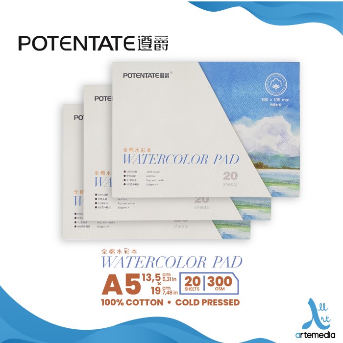 

(BISA COD) Kertas Cat Air Potentate A5 Cotton 300gsm Watercolor Paper Pad