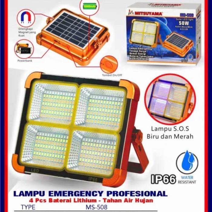 Mitsuyama MS-508 Lampu Emergency LED 50 Watt Solar Cel Bisa Untuk Power Bank IP66 Original