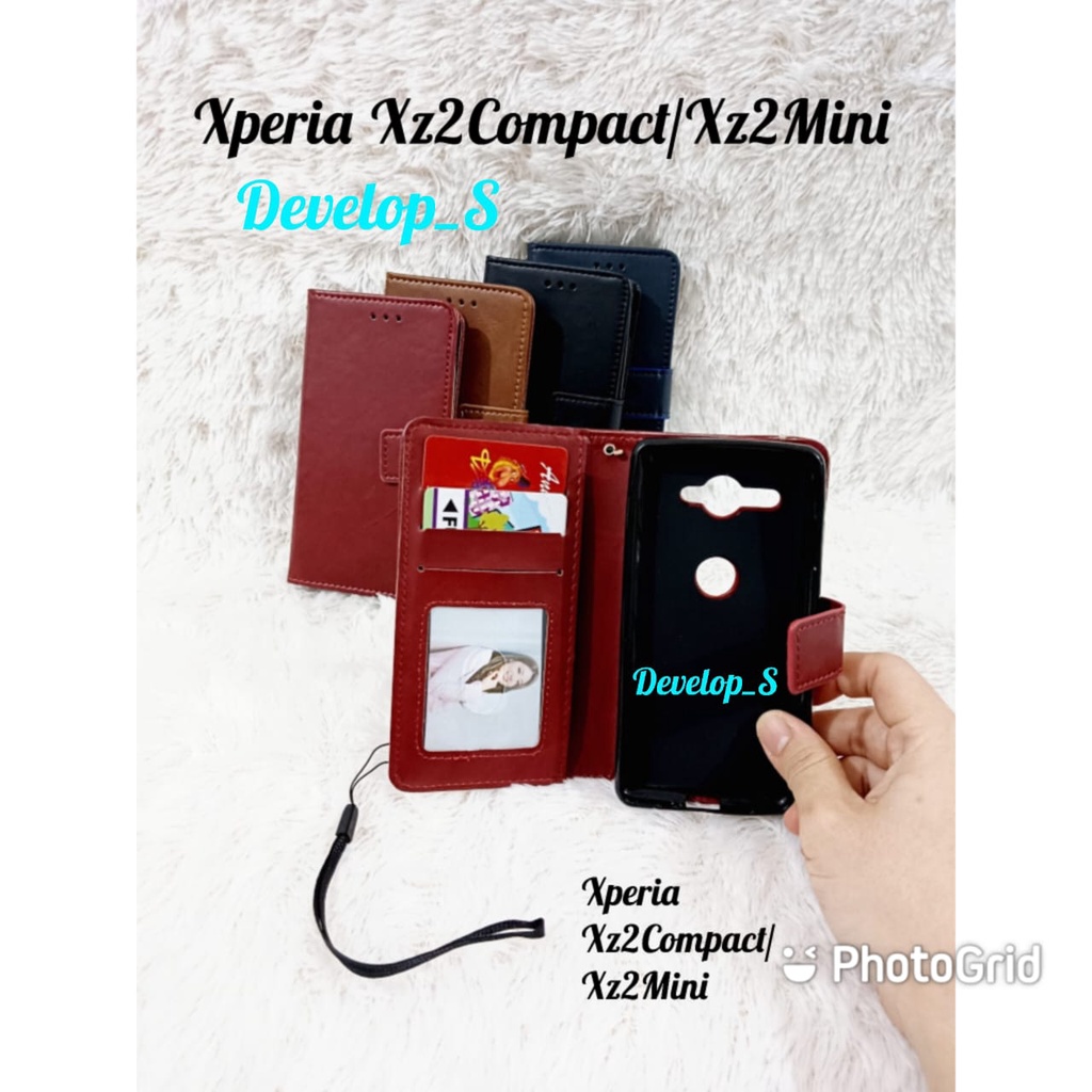 Leather Case Kulit Flip Cover Sony Xperia XZ2Mini / XZ2Compact - Wallet Casing Premium