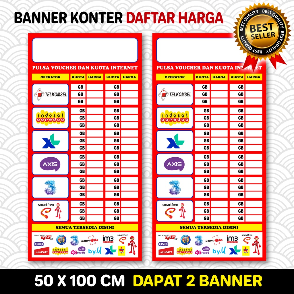 BANNER KONTER PULSA KUOTA DAFTAR HARGA UKURAN 50X100 CM PAKET 2 BANNER