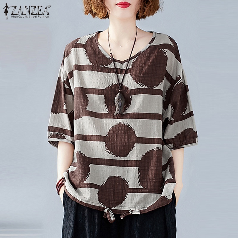 ZANZEA Women Half Sleeve Drawstring Hem Striped Dot Print Blouse