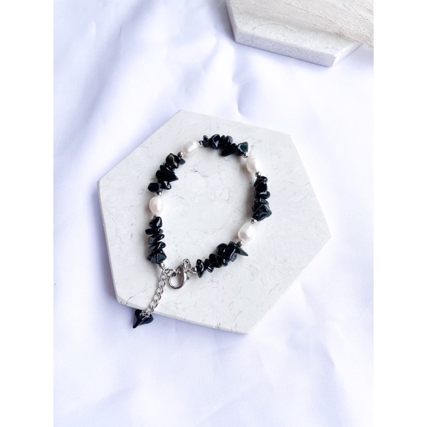 Gelang Batu Alam/Gelang Batu Pecah/Gelang Mutiara/Gelang Wanita Korea/Gelang Etnik Simpel-Black Onyx (Pm)