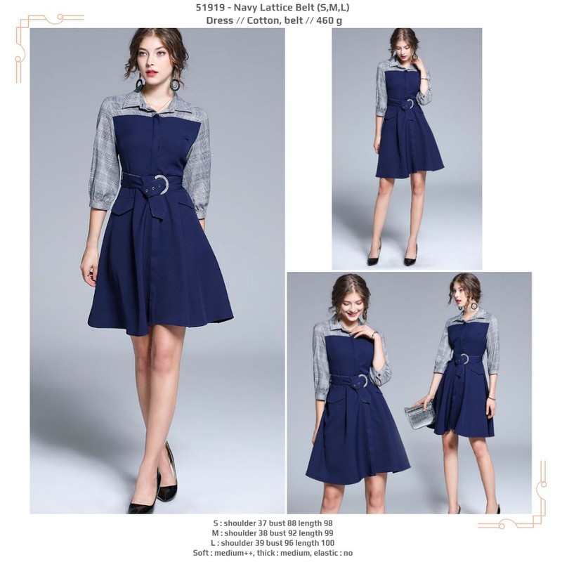 51919 Navy Lattice Belt Dress / Dress Pesta Mini Biru