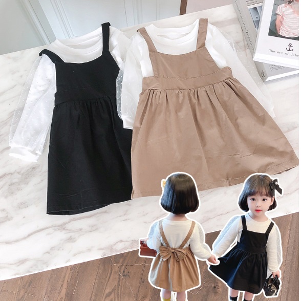 Dress tutu dress lengan panjang anak perempuan LENGAN RENDA HITAM KHAKI