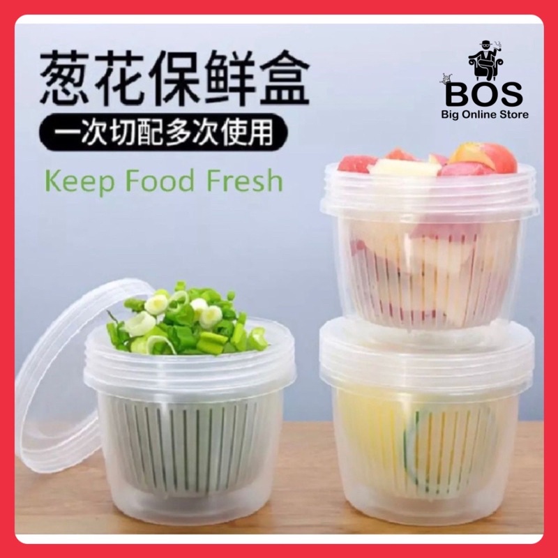 BOS - Toples Bulat Transparan + Saringan Penyimpanan Bawang Sayur Serbaguna