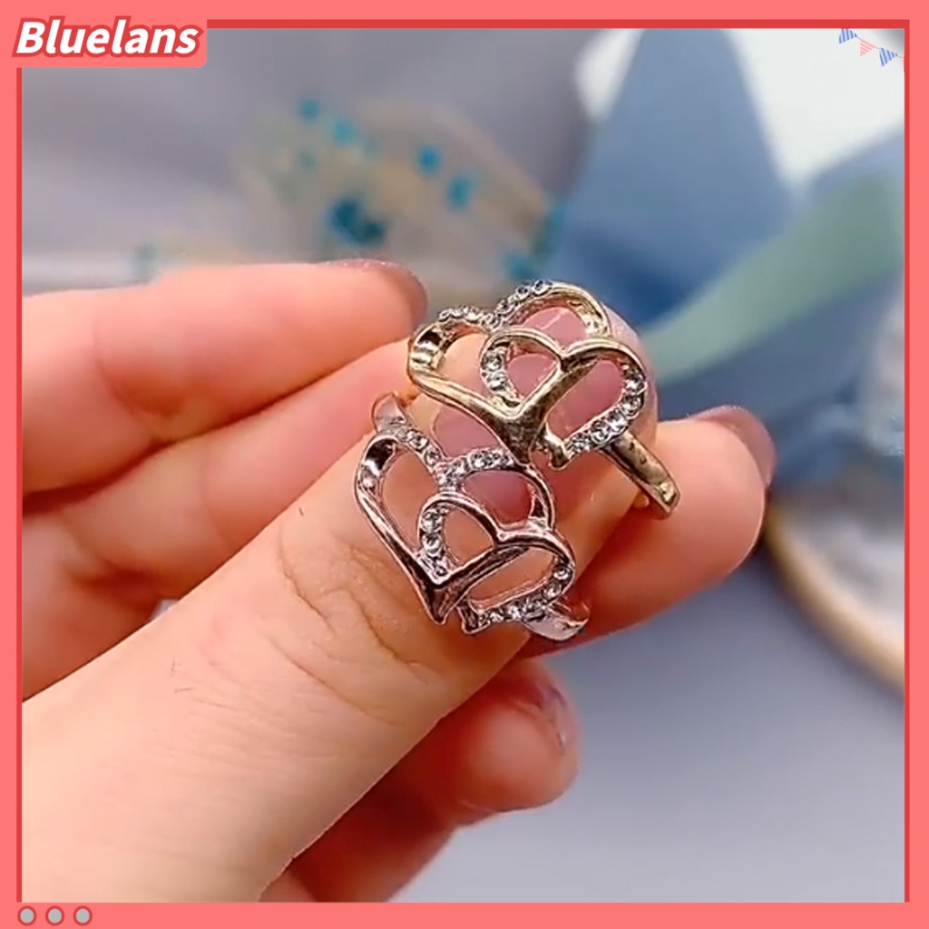 Bluelans Cincin Berlian Imitasi Bentuk Hati Ganda Model Hollow Bahan Alloy Untuk Wanita