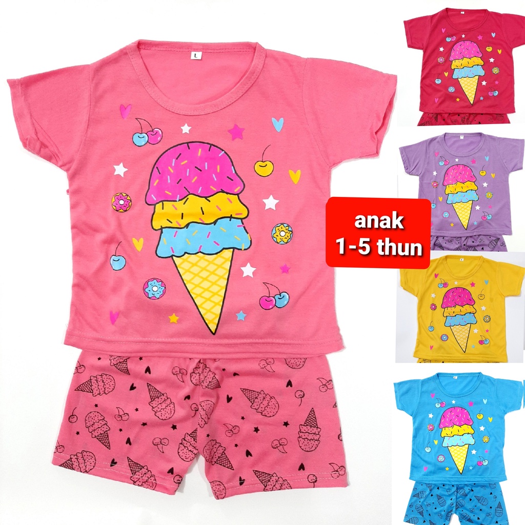 setelan anak perempuan 1-10 thn lengan pendek celana PDK SML XL kaos cewek baju tidur ice cream Grosir