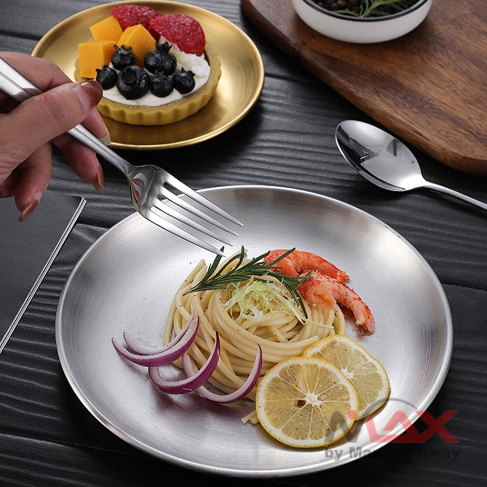 Piring Besi Stainless Steel Food Grade Beli untuk selamanya anti pecah anti karat tidak beracun Makan European Style Stainless Steel gold dan silver European Style Dinner Plates Gold Dining Serving Dishes Steak Kitchen Round Cake Tray Western dinner set