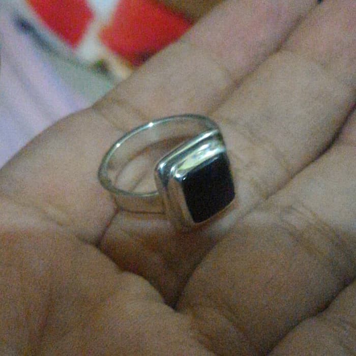 Cincin Ring Perak Silver Bali Polos Kotak Datar Batu Hitam Onyx Asli 925 Pria Laki Wanita Keren