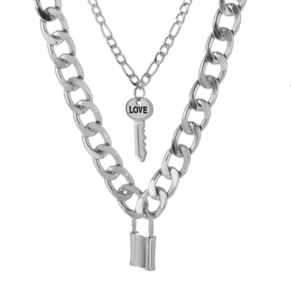 Kalung Rantai Tebal Ganda Kepribadian Eropa Dan Amerika Vintage Punk Lock Gantungan Kunci Rantai Klavikula Aksesoris Pesta WanitaParty Accessories