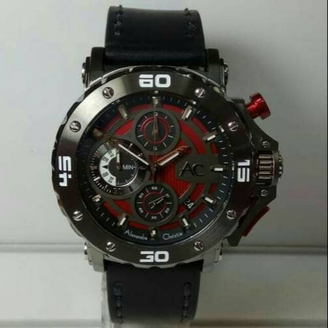 JAM TANGAN PRIA ALEXANDRE CHRISTIE 9205 COWOK KULIT GREY RED ORIGINAL