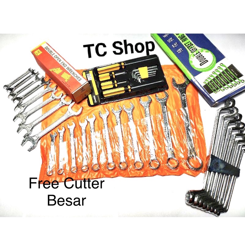 PAKET 4 Kunci tool set  Kunci Ring Pas 11 pcs + Kunci Ring Set+ Kunci Pas Set + Obeng Set