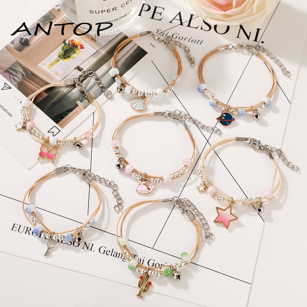 Gelang couple Liontin Rantai Banyak Lapis Aksen Kupu Daisy Gaya Korea Untuk Wanita Adjustable Fashion Aksesoris ANTOP