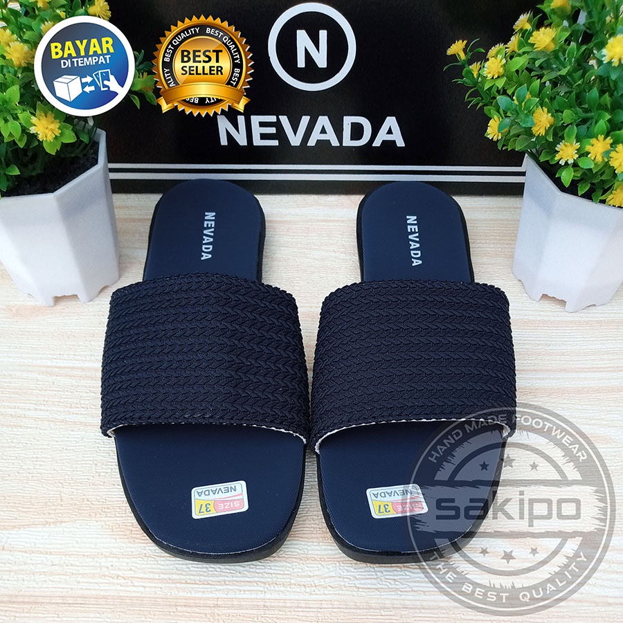 PROMO 8.8 !! SANDAL SLOP WANITA DEWASA NEVADA RAJUT MURAH KEREN TRENDI NYAMAN DIPAKAI / SAKIPO-SR-01 - Navi