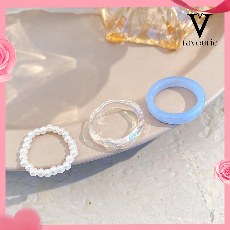 [COD]Cincin Resin Sederhana Cincin Mutiara Wanita Set Cincin Akrilik Premium 3 Buah-FA