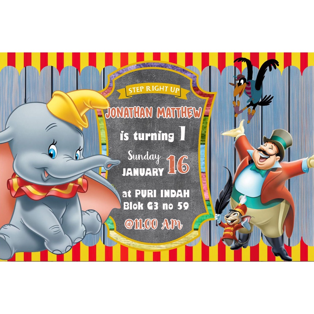 Undangan ulang tahun birthday invitation customized tema baby animal gajah elephant dumbo
