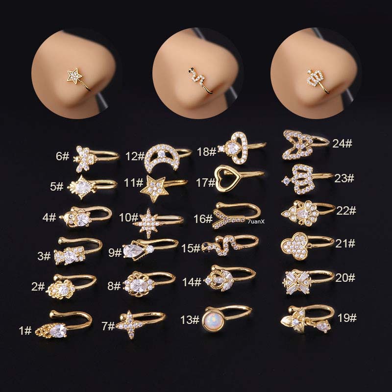 1pc Anting Tindik Hidung Palsu Bahan Tembaga Bentuk Hati Ular Mahkota Hias Zircon