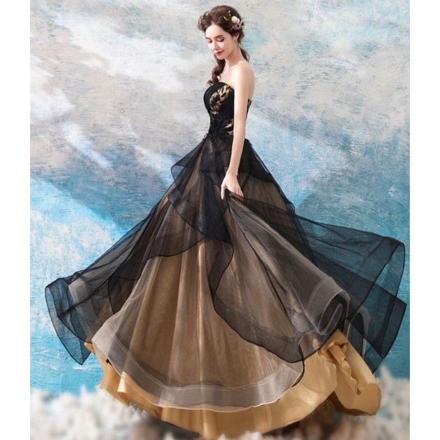 Gaun Maxi Elegan Bahan Lace Mesh Warna Hitam untuk Pesta Pernikahan / gaun foto / gaun malam gold hi