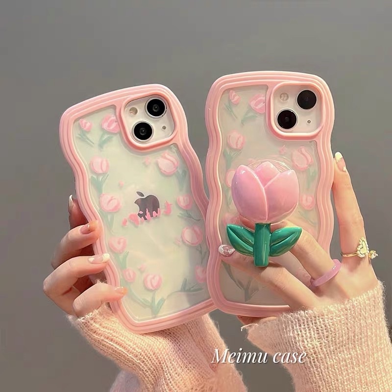 Pastel Pink Case with Tulip Holder Softcase Case HP Lucu for iphone XS Max XR 11 Pro Max 12 Pro Max 13 Pro Max