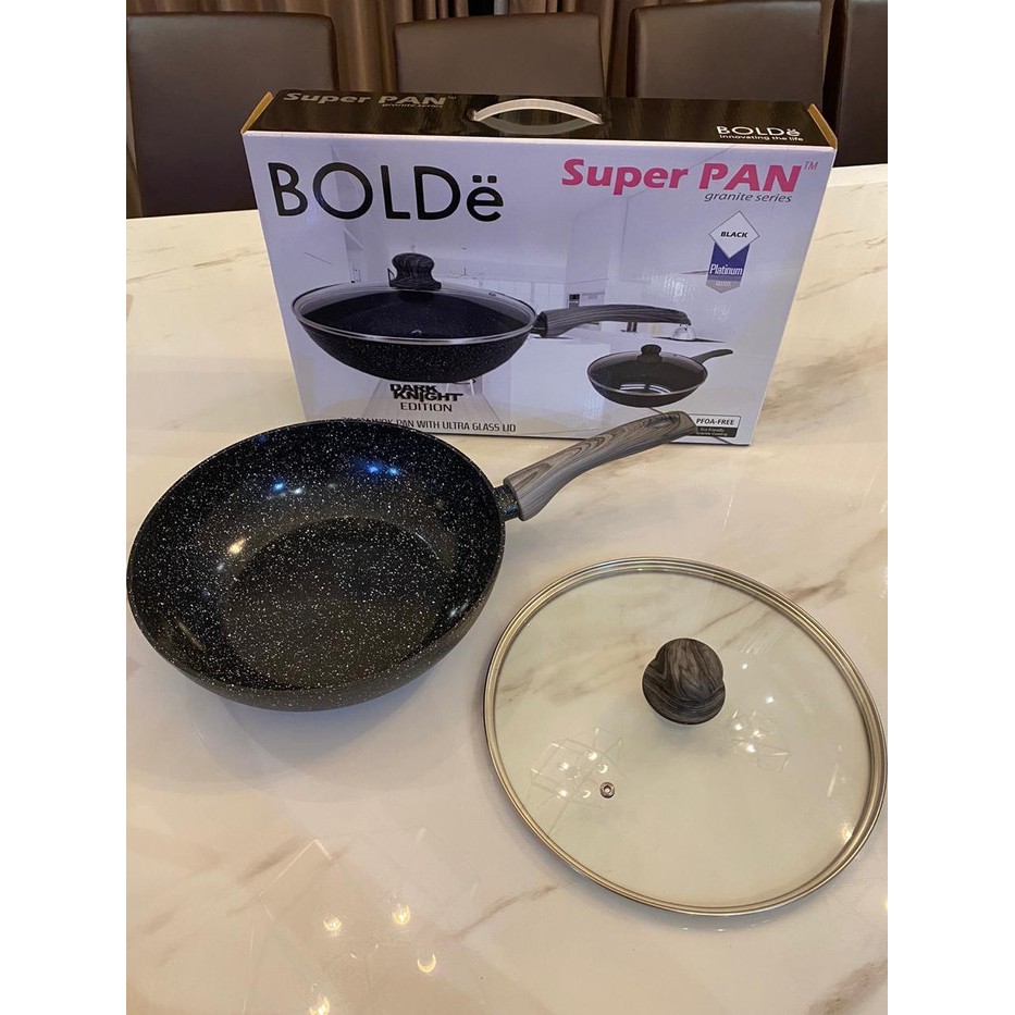 WOK ( WAJAN ) 28 cm + GLASS LID, Granite BLACK DARK KNIGHT Original BOLDe