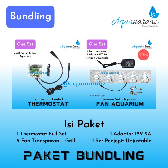 Paket 5 Fan Aquarium Transparan LED Plus Grill Dan Thermostat DC 12V Kipas Aquarium Otomatis