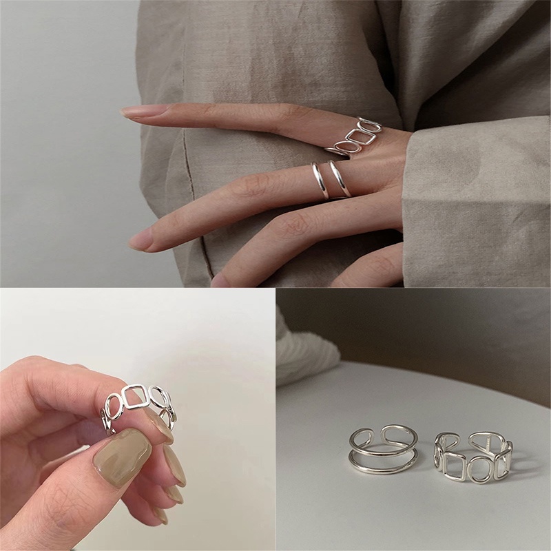 2pcs / Set Cincin Model Terbuka Desain Geometri Lapis Ganda Warna Silver Untuk Wanita