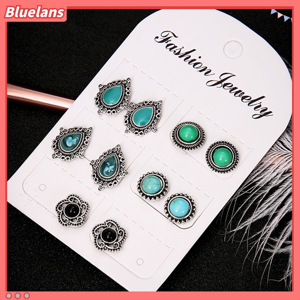 Bluelans 5 Pasang Anting Tusuk Gantung Desain Bunga Hias Turquoise Imitasi Gaya Bohemian Untuk Wanita