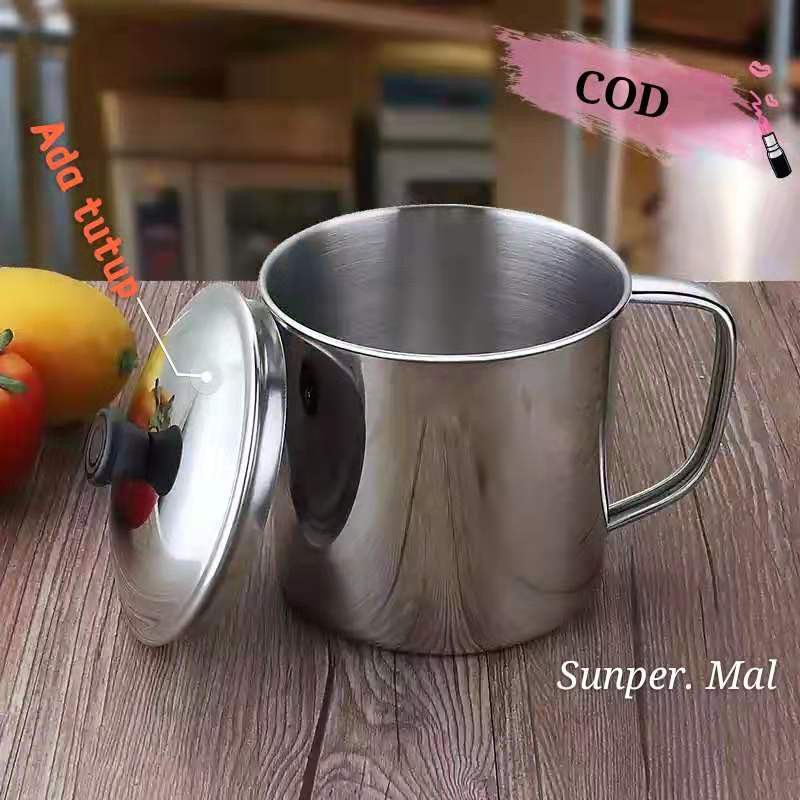 Gelas/Mug Stainless Ekonomis 10 Cm dengan Tutup Gelas Stainless 10cm Harga Murah cangkir kopi