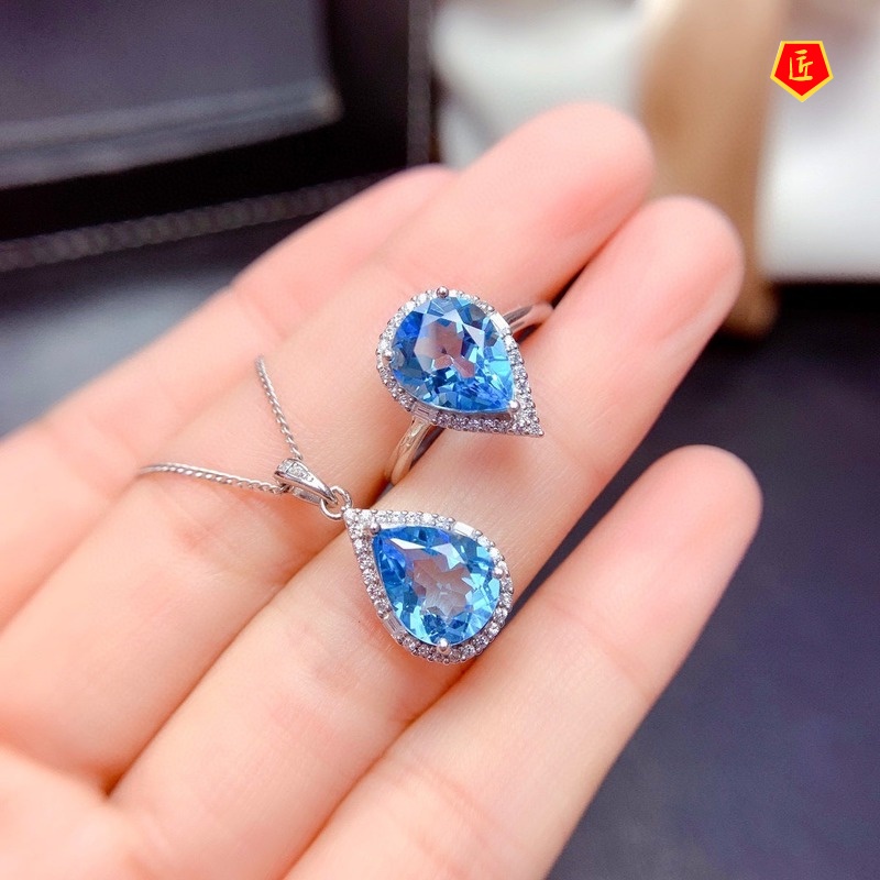 [Ready Stock]Natural Blue Topaz Necklace Set Rings Ear Studies