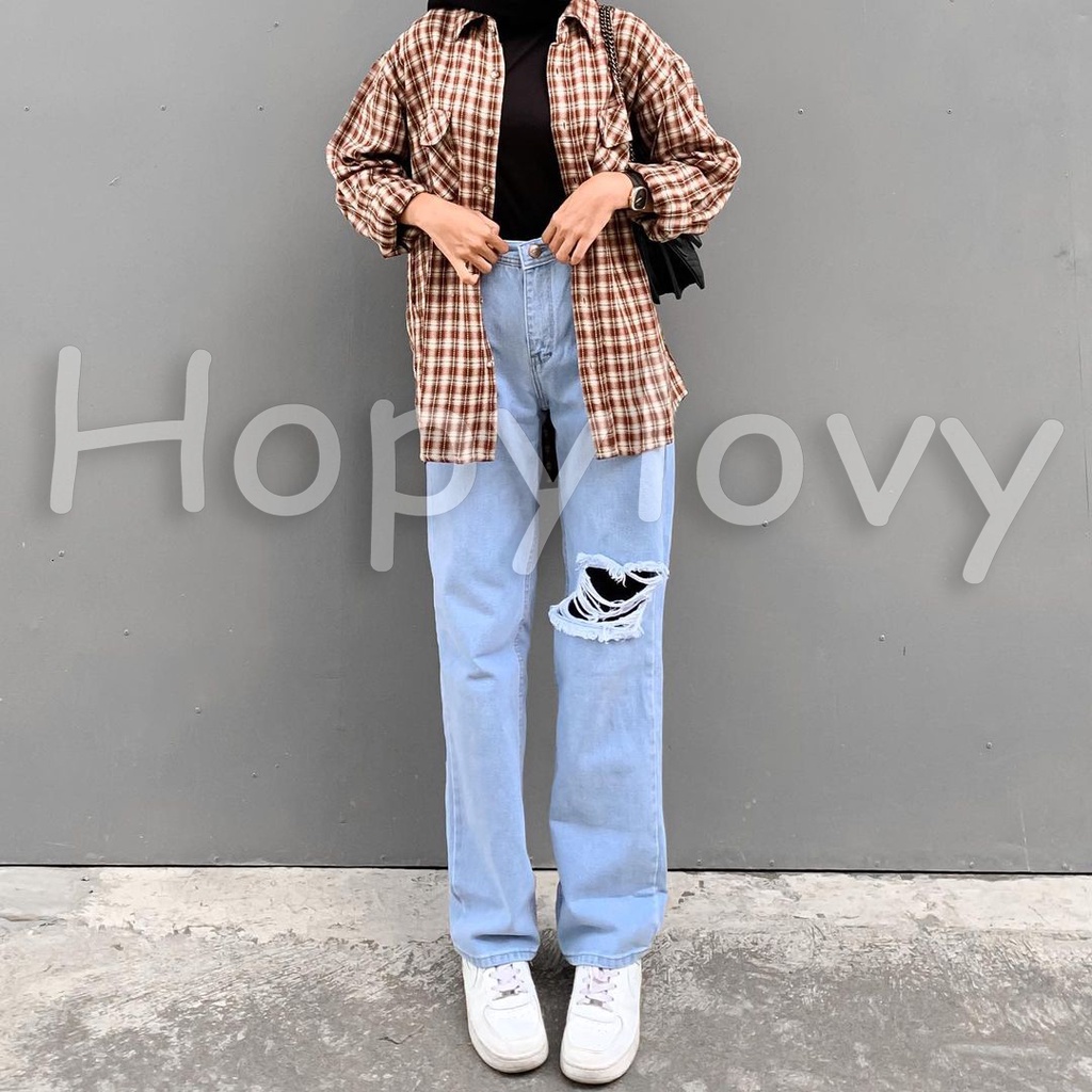 HOPYLOVY Celana Panjang Kulot Jeans Highwaist Sobek Long BF Ishika Loose Jeans