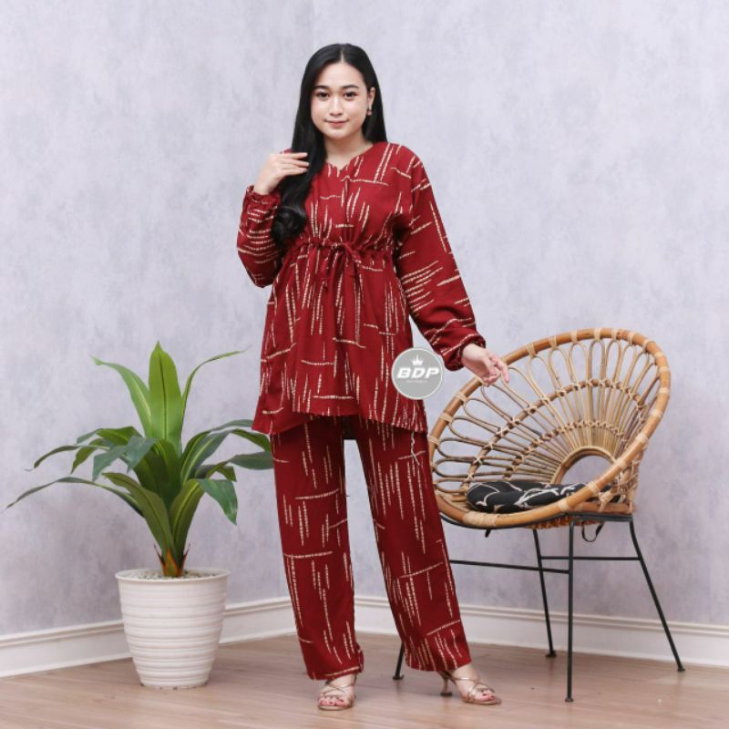 [BISA COD] Setelan Tie Dye Wanita / Tie Dye Tali Serut Dan Kacing / One Set Rayon / Lengan Panjang / Motif Rintik Hujan-3