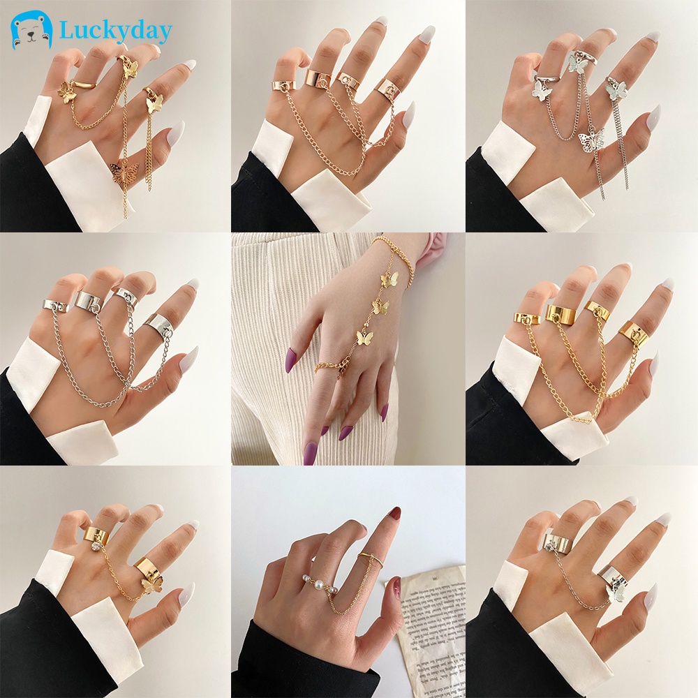 YEEZII Set Cincin Rantai Rumbai Desain Kupu-Kupu Aksen Mutiara Warna Emas Perak Gaya Retro Untuk Wanita