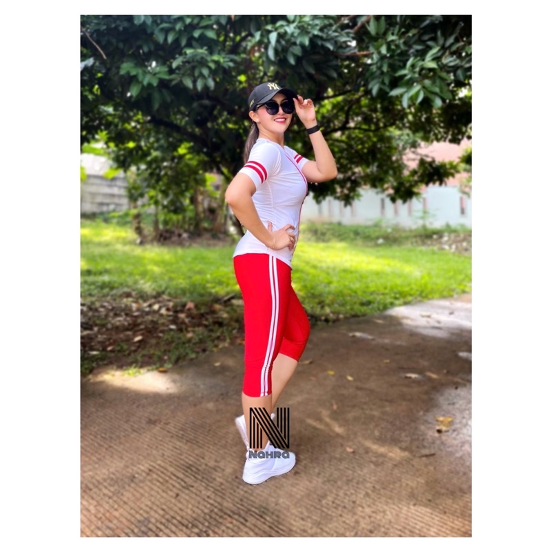 Setelan Baju Senam Olahraga Baseball Putih Merah  / Baju Senam Aerobik Fitness Zumba Cycling Running-4
