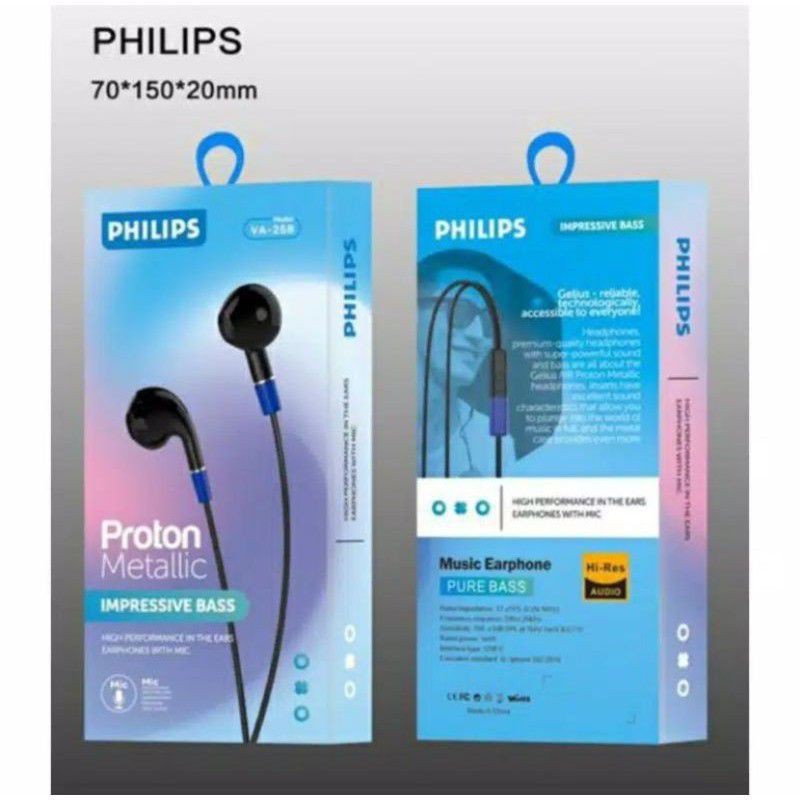 HEADSET PHILIPS VA-258 IMPRESSIVE BASS HANDSFREE EARPHONE PHILIPS VA258 PROTON METALIC MEGA BASS