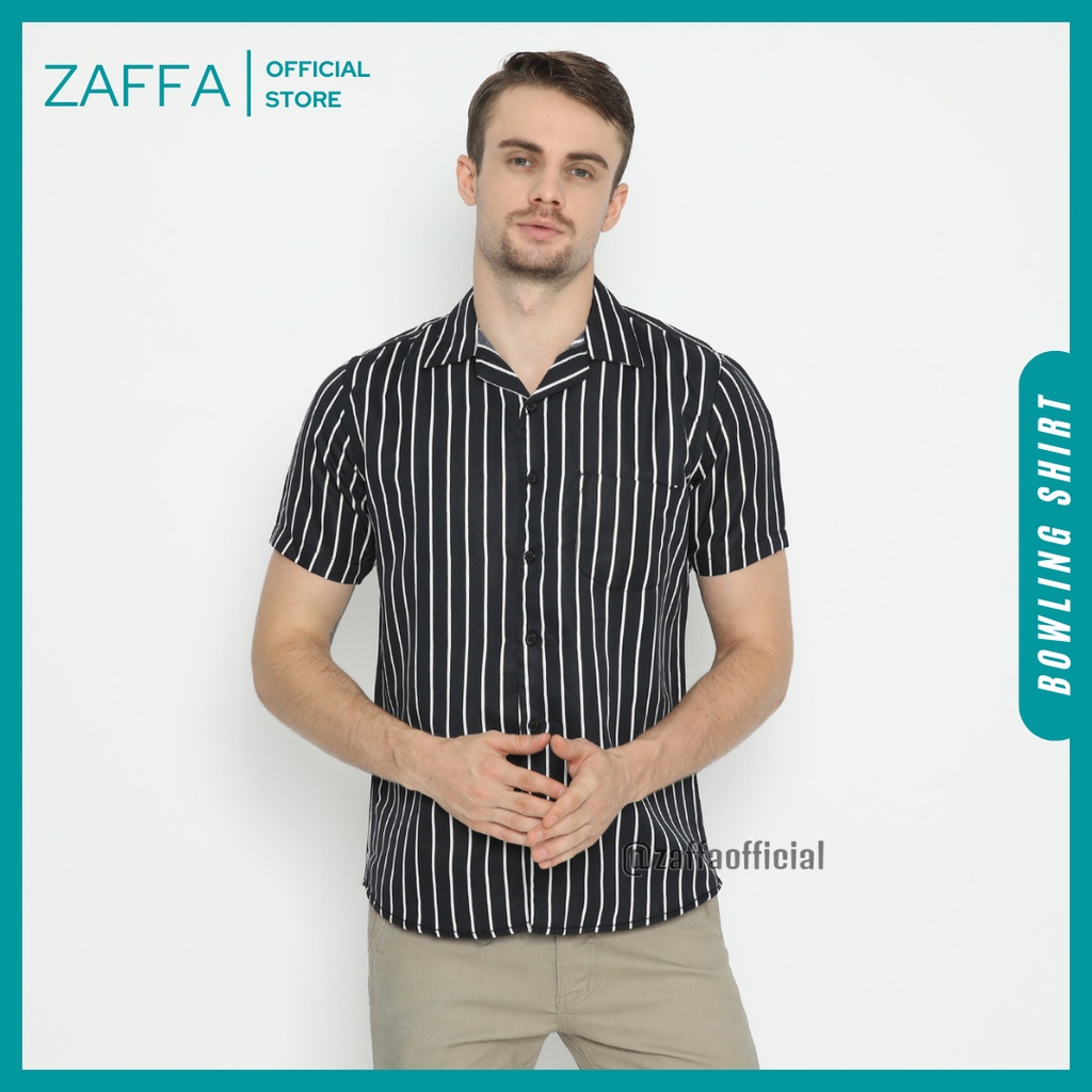 Zaffa Kemeja Salur Pria Lengan Pendek  Kerah Pantai Katun Motif Stripe Garis Hitam Bowling Shirt Unisex Z-1001