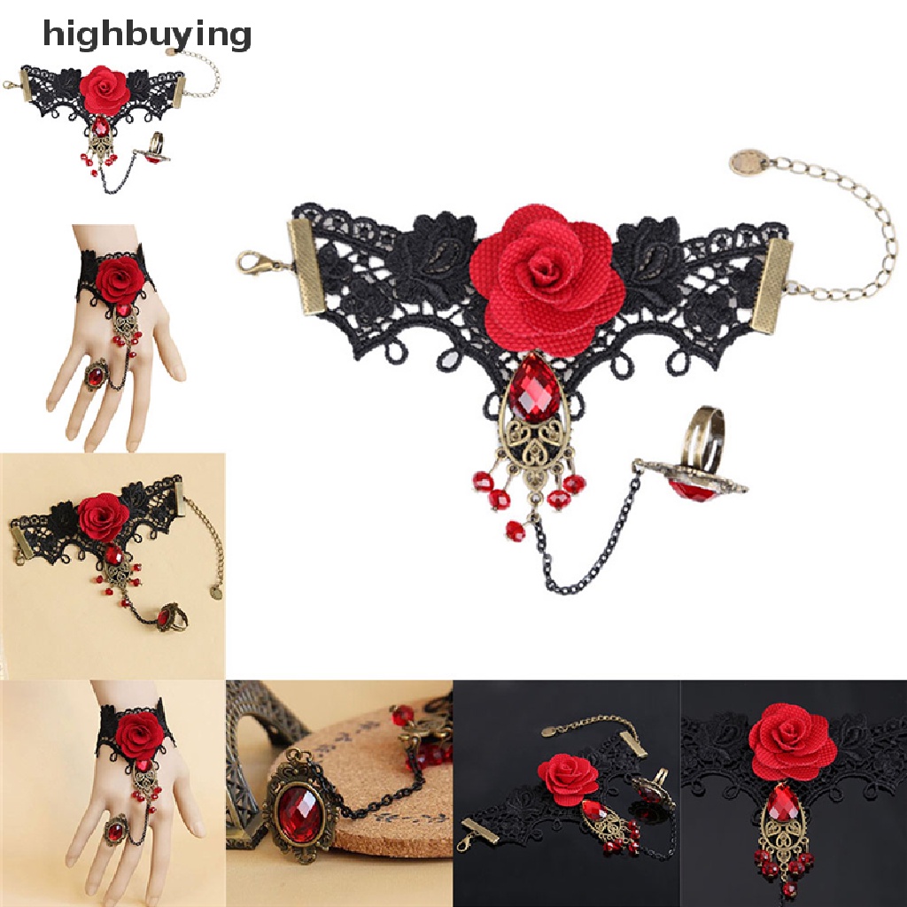 Hbid Gelang Sambung Cincin Bahan Lace Desain Mawar Merah Gaya Elegangothic Adjustable Untuk Wanita